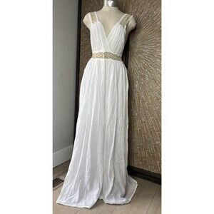 New Grimani Boho White Maxi Dress Cotton Crinkled Lightweight Vacay ONE Sz S M